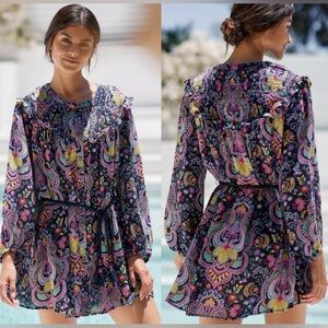 Anthropologie Tunisian Dress Tunic Paisley Vibrant Boho Smocked Collar NWT Sz M